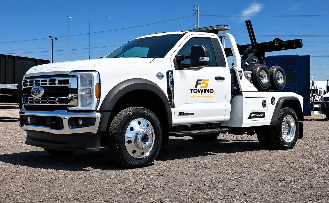F5 Towing branded tow truck serving the DFW metroplex